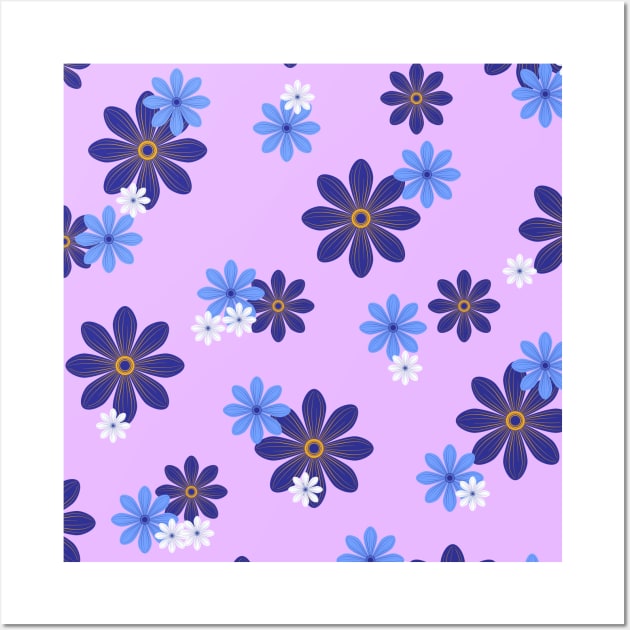 Blue and White Flower Pattern on Purple Background Wall Art by dkdesigns27